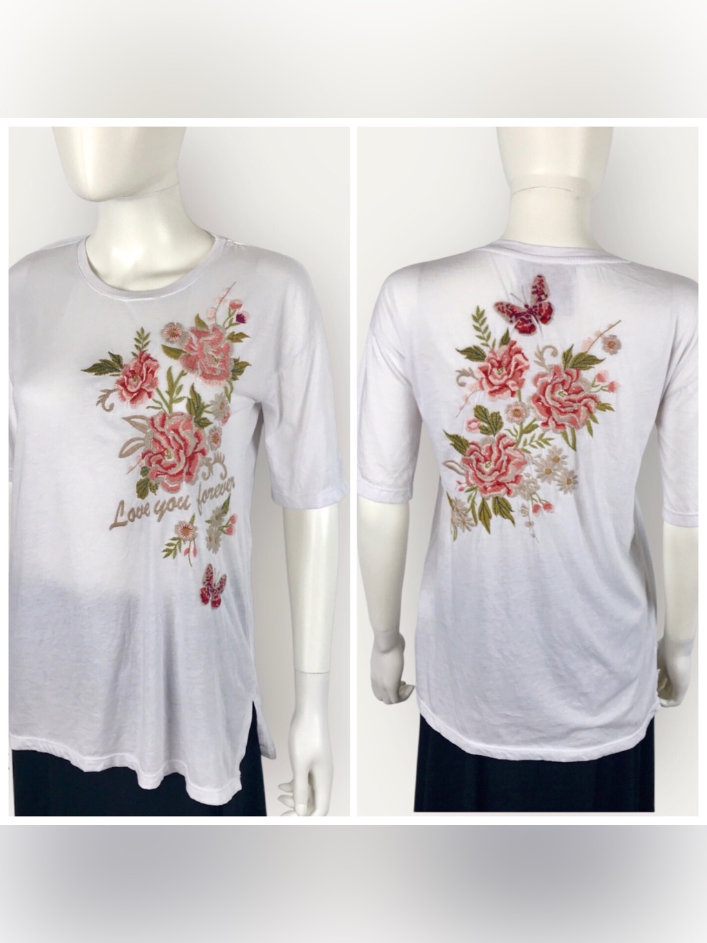 Johnny Was White Tee Pink Floral Butterfly Embroidery Love You Forever Boho